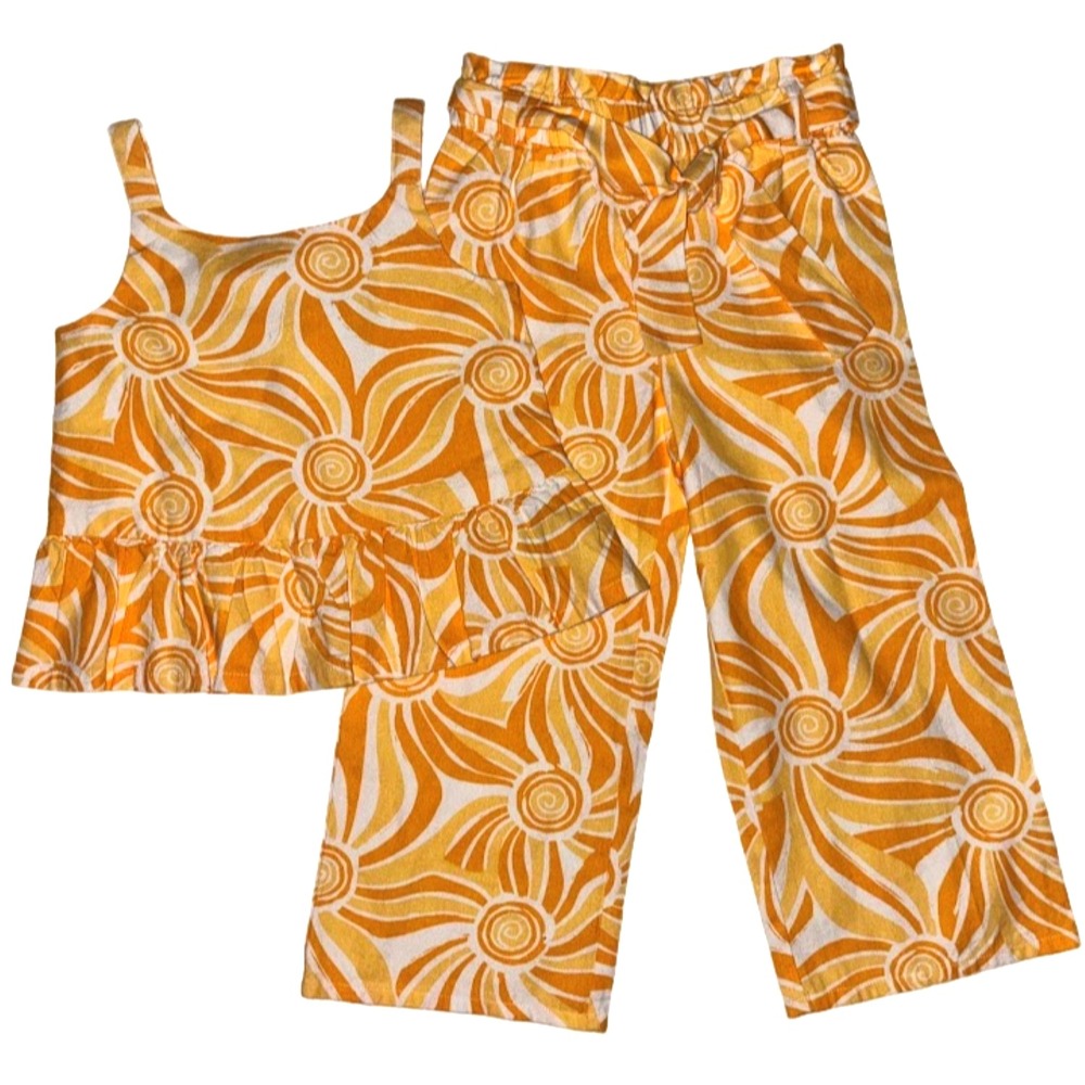 Max Studio Girls Sz 4 Yellow Gold Flower Retro‎ Style Pants Tank Top Outfit Set